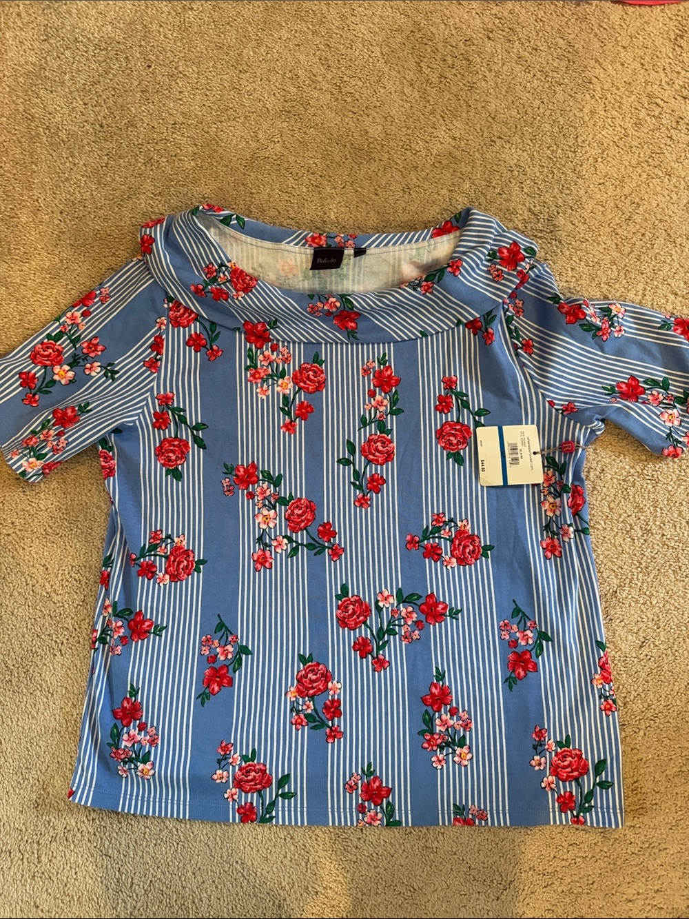 Rafaella Blue Striped Top with Red Rose Print